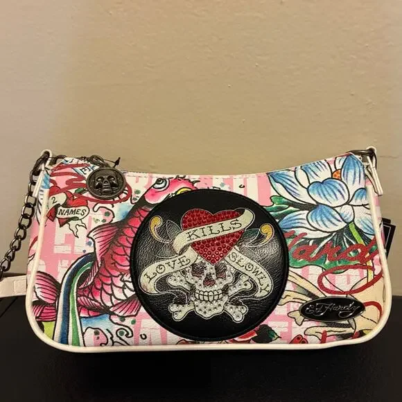 NWT Ed Hardy White & Pink "Love Kills Slowly" Baguette Bag and Wristlet Wallet S - Picture 2 of 6